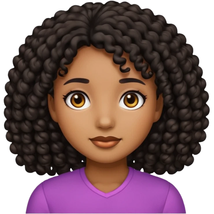 Girl emoji with brown skin and black curly hair and black eyes, pretty emoji