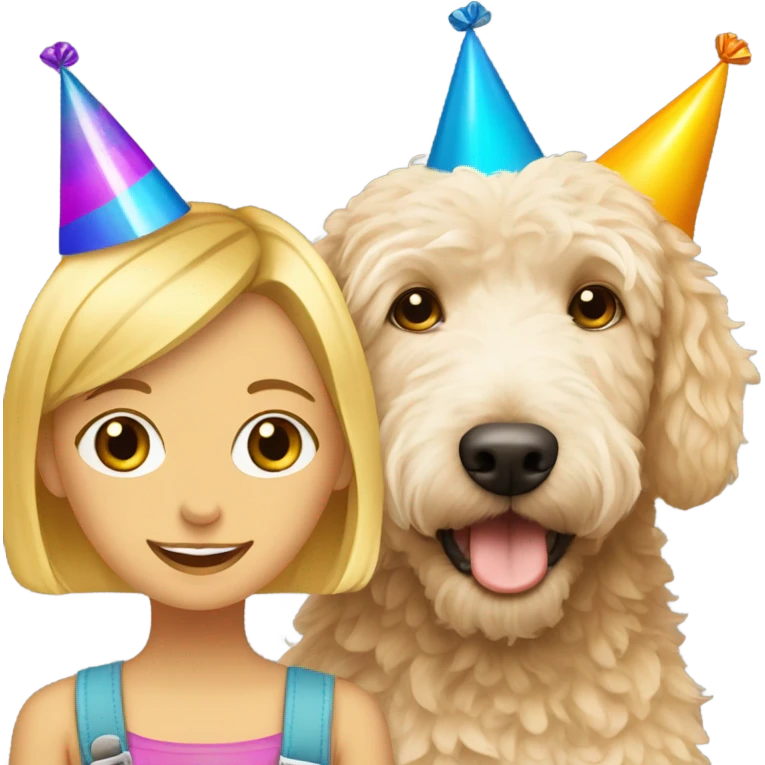 Blonde girl and a cute golden doodle wearing a happy birthday hat emoji