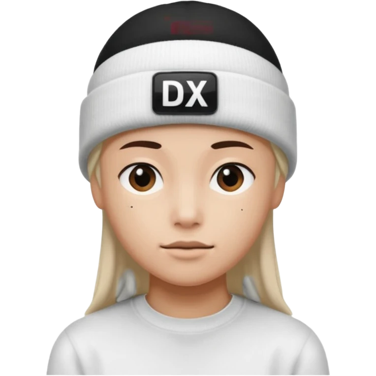 wearing a white beanie with an black square logo with the word "DX" written on it.

 emoji