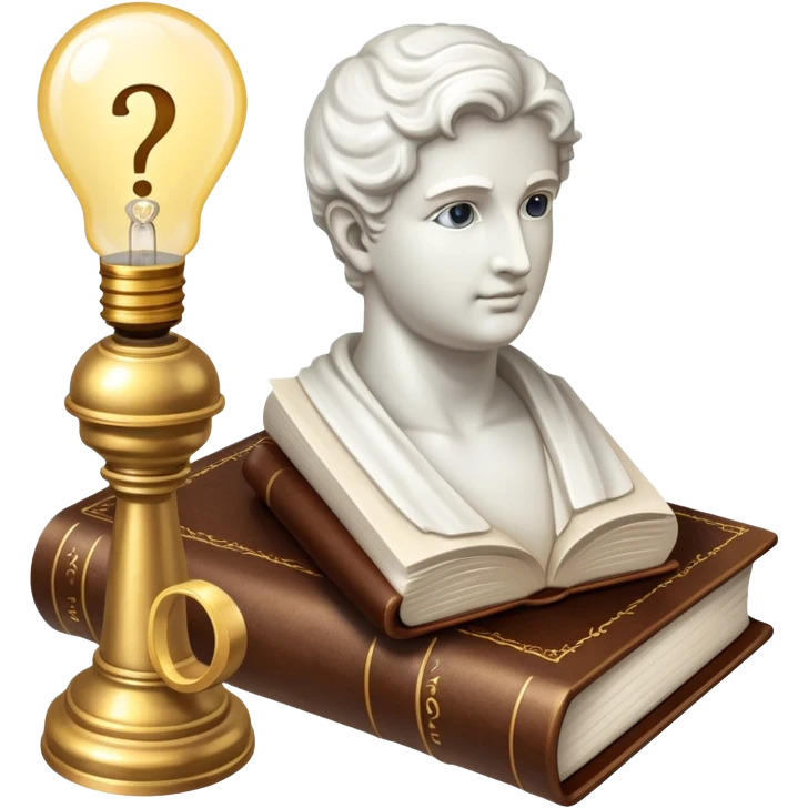 An icon featuring a classical bust, a book, and a question mark, symbolizing philosophy. The design includes a lightbulb, representing ideas, and a scroll with ancient text, evoking deep thought and intellectual inquiry. Transparent background highlights the search for knowledge and meaning. emoji