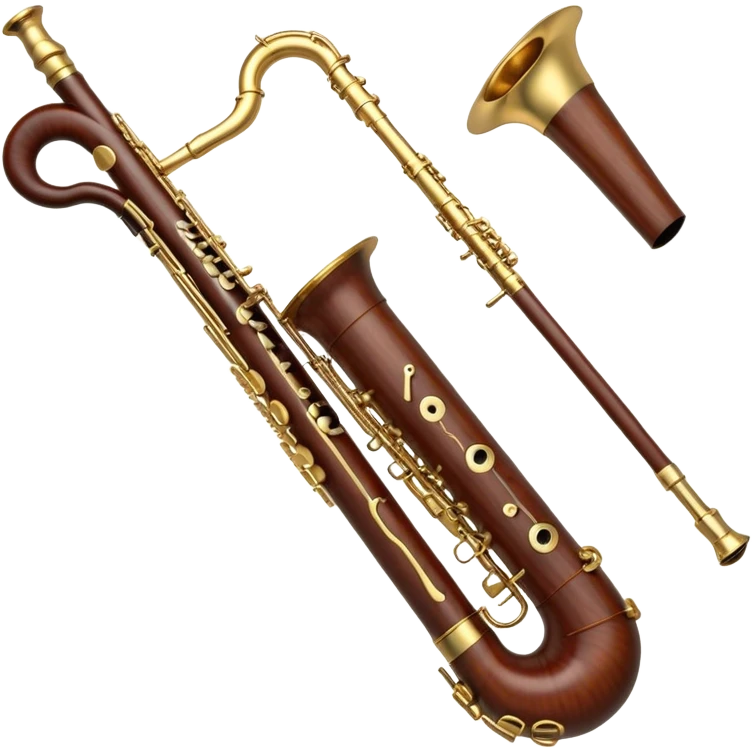 Create an elegant and detailed emoji representing a professional Yamaha bassoon. The design should feature the sleek wooden body of the bassoon with its rich wood tones, showing the intricate keywork and metal springs. The metal tubing of the instrument should be clearly visible, with polished brass accents. Highlight the bell and the distinctive, curved shape of the instrument. The mouthpiece and reed should be visible at the top, emphasizing the functional details. Use warm wood tones like dark brown, with gold and brass accents for the keys and fittings. Add soft musical notes or soundwaves to represent the deep, resonant sound of the bassoon. The background should be transparent. emoji