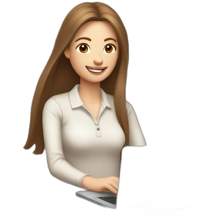 eyes closed smiling woman pale skin middle brown long straight hair with a closed laptop and a coffee mug wearing a white woolly shirt polo emoji