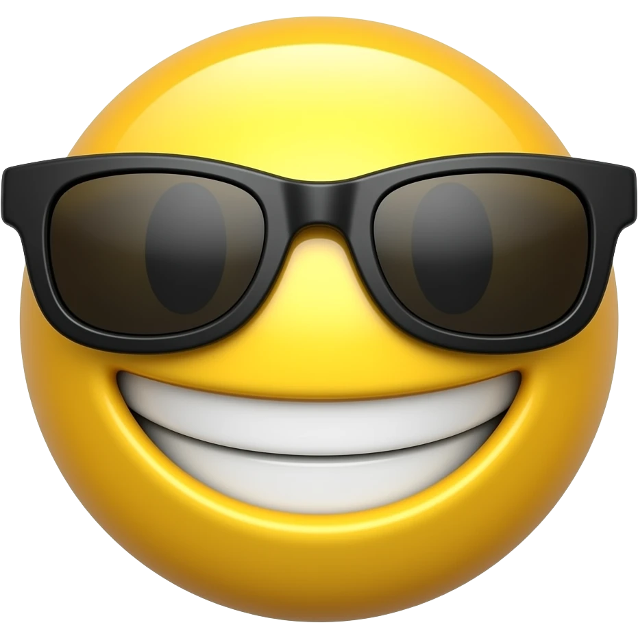 Жёлтый 3D смайлик, чёрные солнечные очки, широкая улыбка с белыми зубами, гладкий блестящий эмодзи, реалистичный Apple-like mobile emoji style, мягкое освещение, чистые формы, идеально симметричное лицо, иконка высокого качества, прозрачный фон emoji
