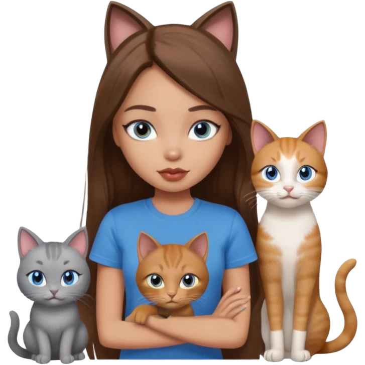 a pretty bratz dusky light skin girl with long brown hair, blue eyes with six cats nd wearing a grey tshirt emoji