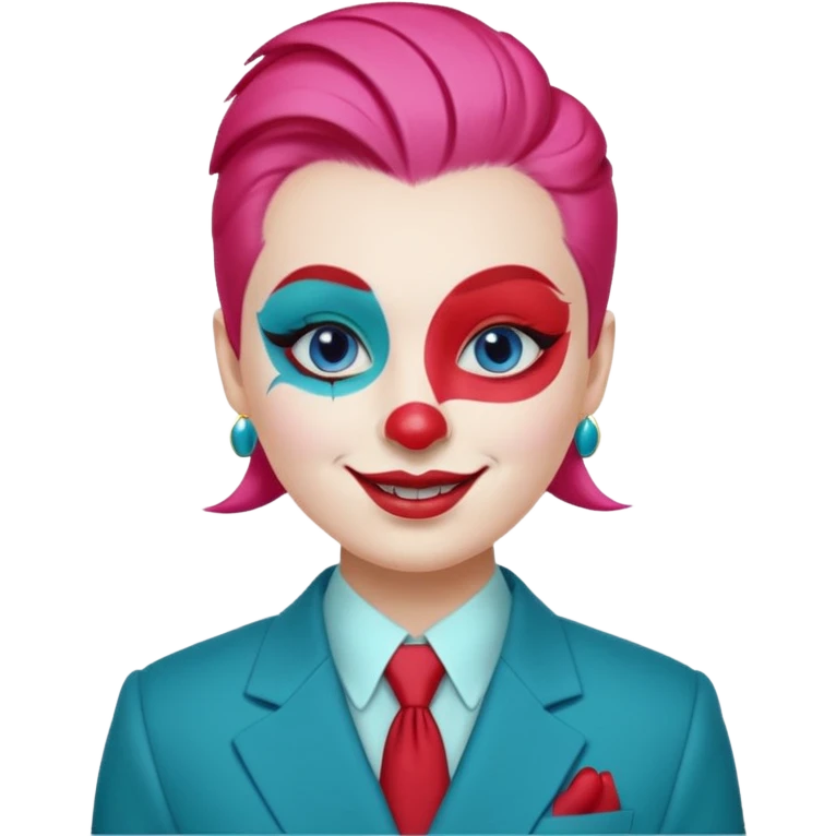 Pink slicked-back hair.

White face paint with blue eyebrows and eye makeup.

Big red nose and wide smile with red lipstick.

Wearing a teal suit with a yellow shirt and red buttons. emoji