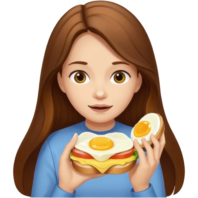 Girl with brown long hair eating egg sandwich emoji