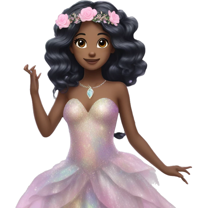 Iridescent fairy flying long black hair, flowers in hair, clear glitter wings, gorgeous ball gown, rose quartz jewelry  emoji