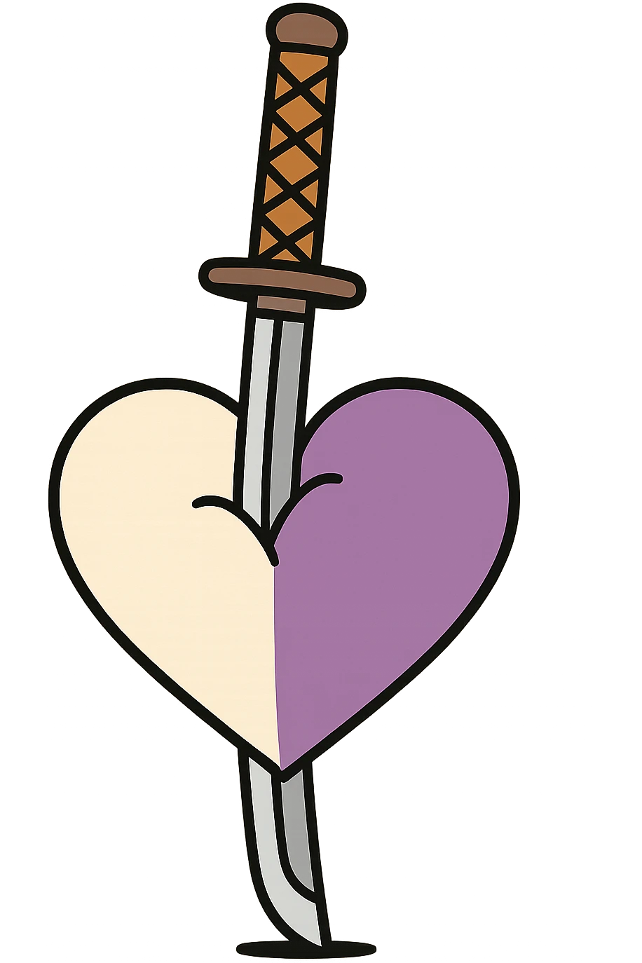 minimalist style katana planted vertically in the middle of a heart, left half white, right half purple, bright colors emoji