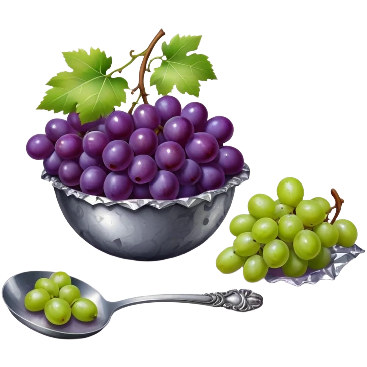 Renaissance painting of purple grapes and green grapes on the right, and a burnt spoon with tin foil and a lighter next to it on the left  emoji