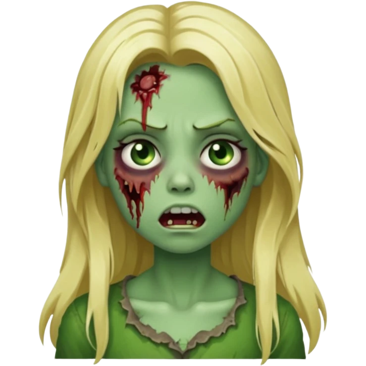 girl zombie with blonde long hair green skin and with no angry face and with the mouth closed emoji
