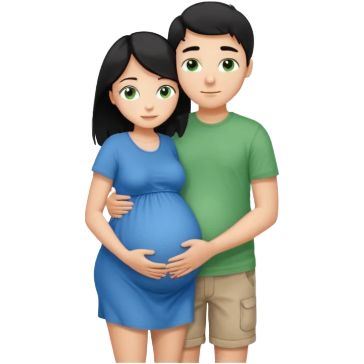 Make a couple hugging the girl is white with long black hair with blue eyes. The girl is hugging a boy with light brown short hair with green eyes. The boz is pregnant  emoji