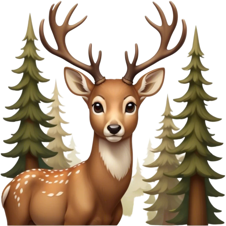 Cinematic Noble Deer Portrait Emoji, Poised and regal, with a graceful, slender build and a dappled Fur of warm browns and creams, elegant antlers crowning its head, deep-set soulful gentle eyes, Simplified yet sharp and sophisticated features, highly detailed, glowing with a soft, dignified glow, high shine, intelligent and serene, stylized with an air of forest majesty, focused and attentive, soft glowing outline, capturing the essence of a watchful woodland guardian, so majestic it feels as though it could gracefully leap out of the screen with effortless authority! emoji