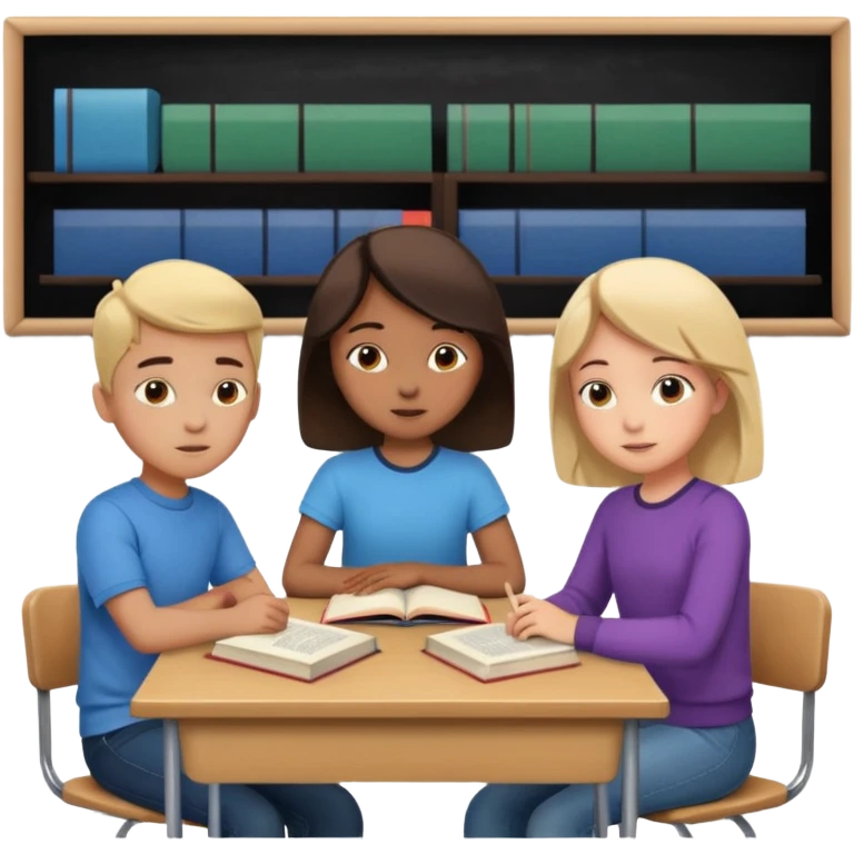 a group of students of both genders (boy and girl) talking to each other quietly in a classroom (let them face each other) emoji