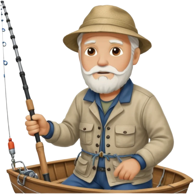 an old white haired, bearded man in fisherman attire, sat in a big boat on a calm sea, holding one fishing rod in one hand, with the end of the fishing line touching the water emoji