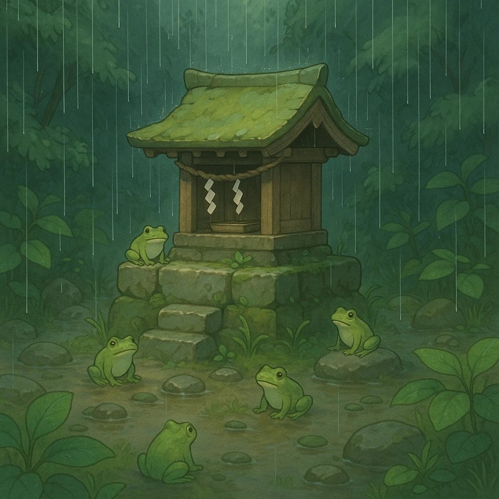 Rain falling gently on a tiny shrine surrounded by frogs. emoji