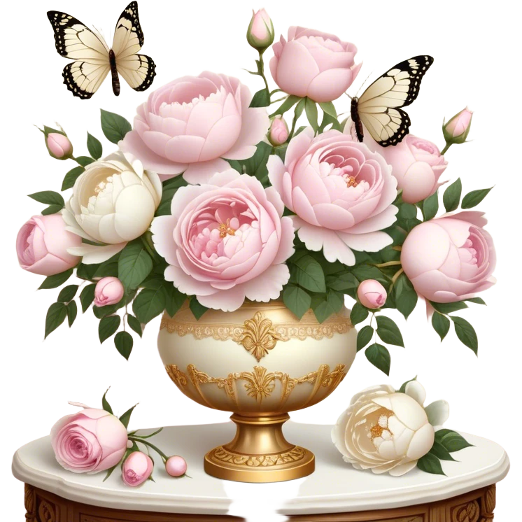 A romantic vintage still life featuring a bouquet of soft pink roses and lush white peonies in an ornate gold-trimmed ivory vase, with delicate pearl butterflies resting on the petals, set on a lace-covered wooden table. emoji