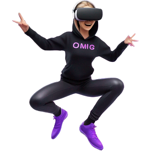 Russian girl wearing black hoody with violet letters "OMG", in vr headset oculus quest2. jumping. Cyberpunk style. Violet neon. emoji
