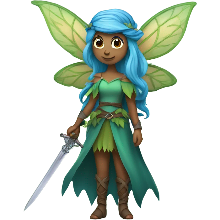 Female, forest fairy, fairy wings, pointed elf ears, ombré blue hair, vines, holding medieval sword emoji