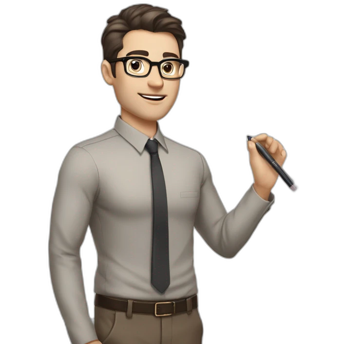 Pale skinned fit man with dark brown hair in gray jacket, beige office shirt, brown tie, brown pants and vintage glasses Writing on the marker board emoji