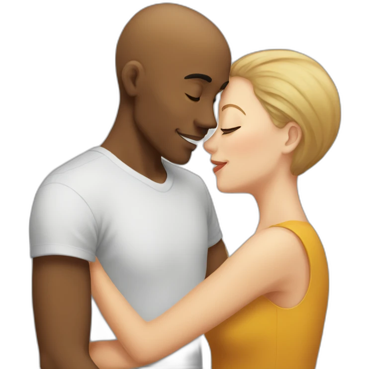 A mixed race man with very little hair kissing a white woman with light brown hair emoji
