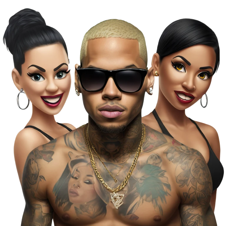 Hyper Realistic Chris Brown  wearing sunglasses with 2 female tattooed dancers emoji