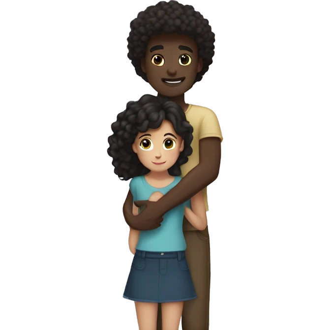 Couple hug, straight black hair dark skin tall boy and curly brunette long hair fair skin girl hugging emoji