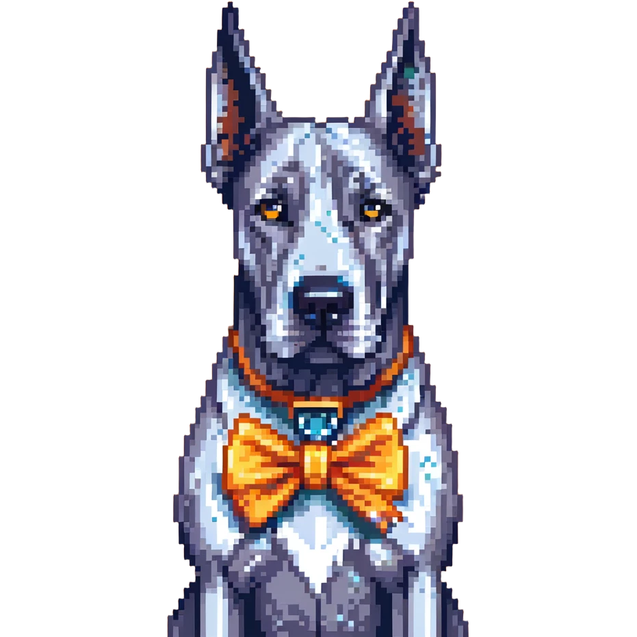 Blue Great Dane dog with a sparkly bow on its ear, pixel art style emoji