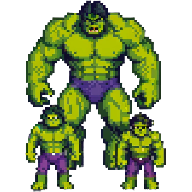 Classic Savage Hulk, Gray Hulk, and Professor Hulk forms in 8-bit style emoji