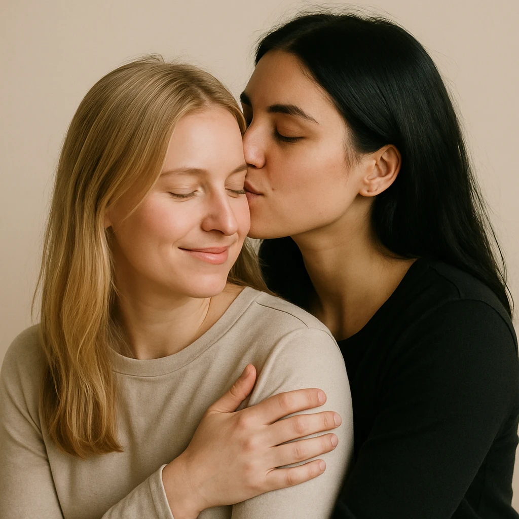 two women, one with blonde hair and one with black hair, depicted as a lesbian couple, affectionate pose, neutral background emoji