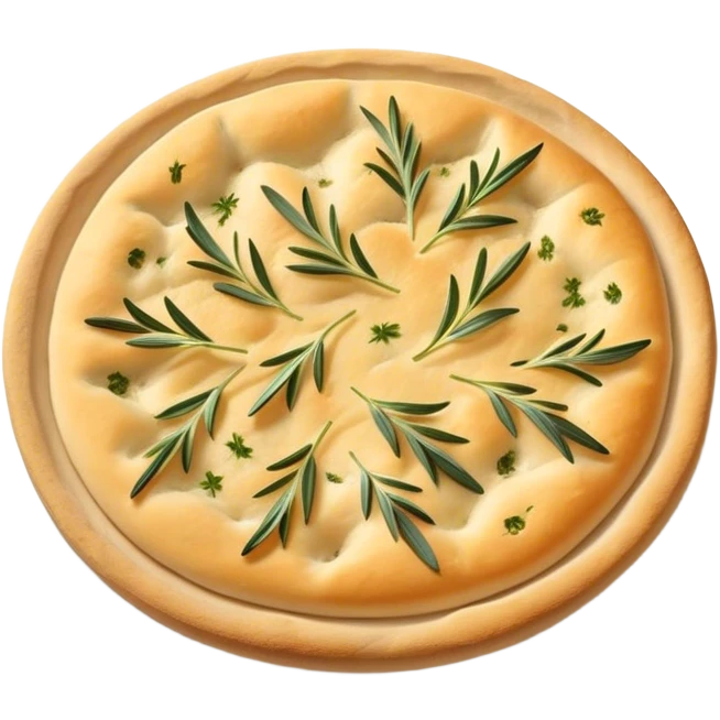 Cinematic Realistic Focaccia Bread Dish Emoji, depicted as a golden, olive oil brushed flatbread sprinkled with herbs rendered with lifelike texture and soft, appetizing lighting. emoji