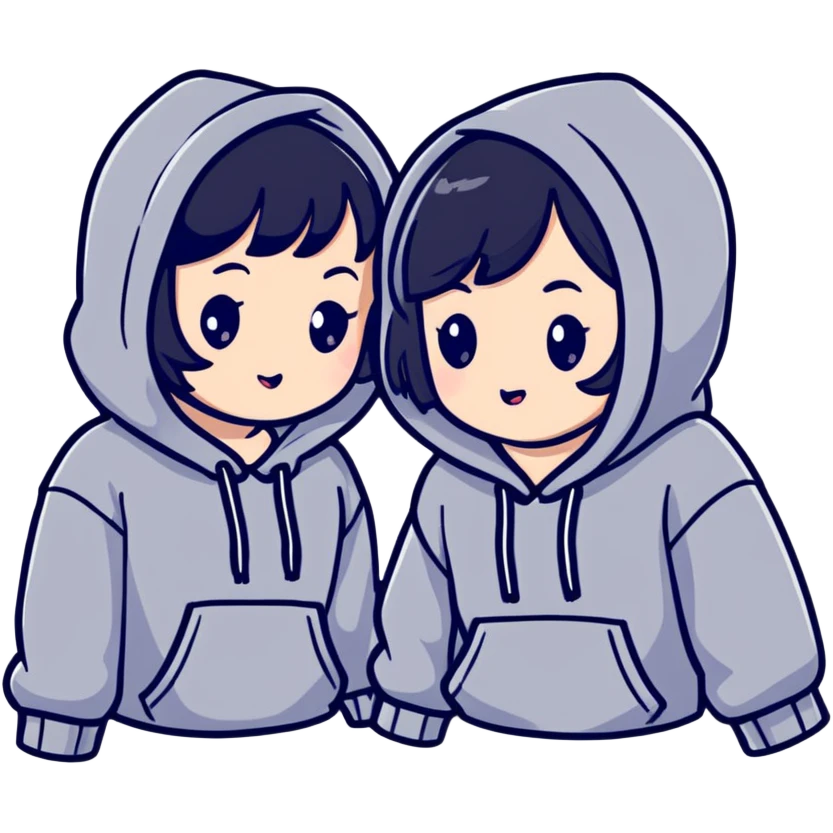 Two adorable Japanese girls with black hair wearing casual Western clothing like hoodies or blouses, their cheeks touching, kawaii style emoji