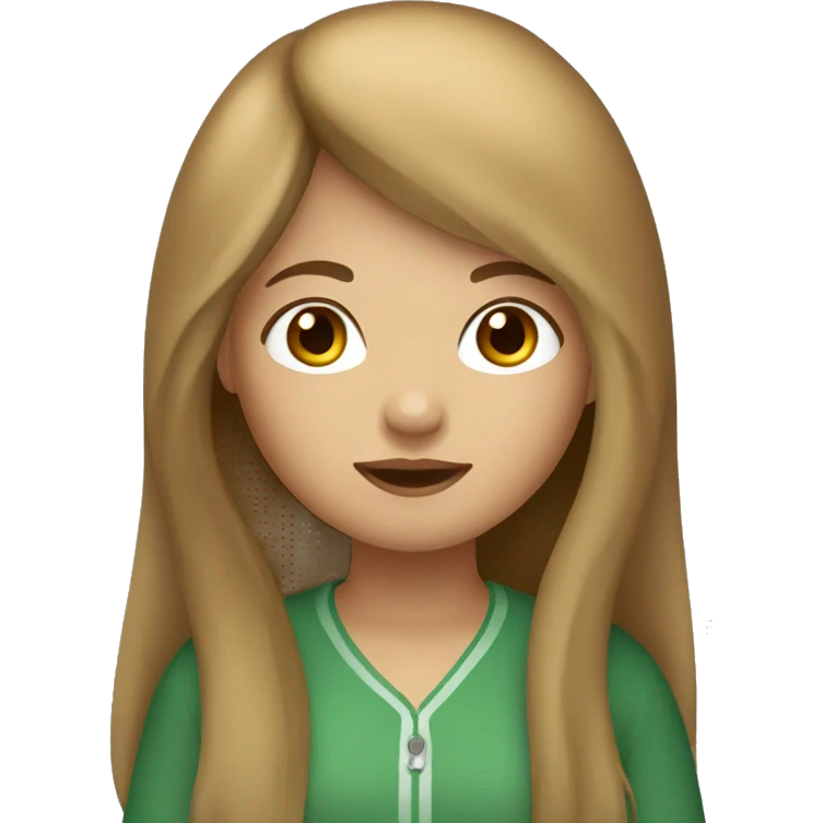girl with long hair and light brown bangs. Her skin color is very white with a little freckles and her eyes are green and brown. emoji