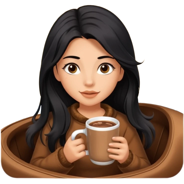 anned Girl with lashes , bright black long hair, in an extremely big fluffy brown mustang, and drinking hot chocolate drink emoji