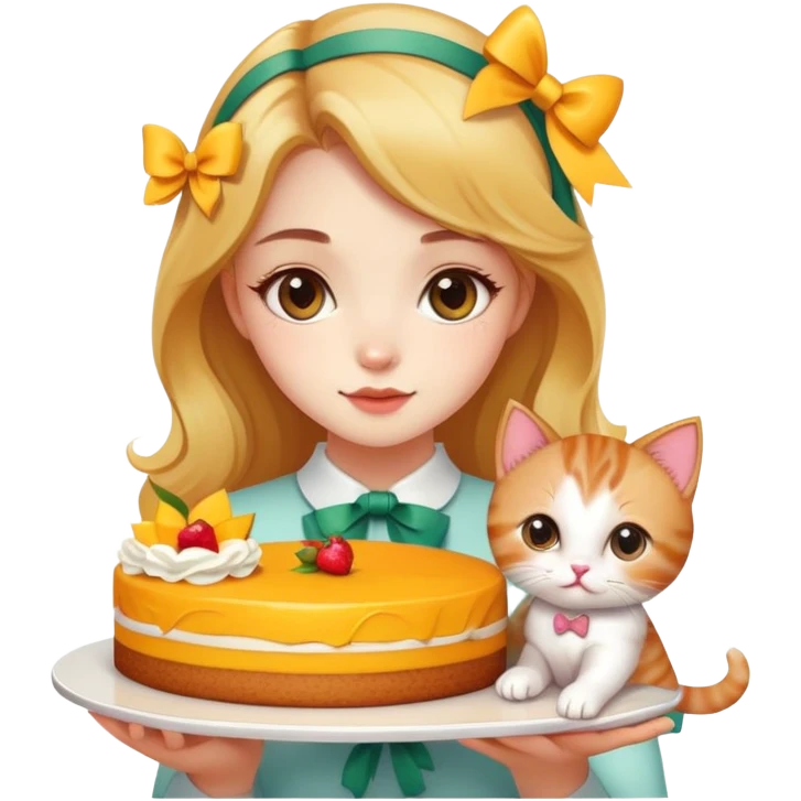 A beautiful girl holding a mango cake and a cute kitten with a bow emoji