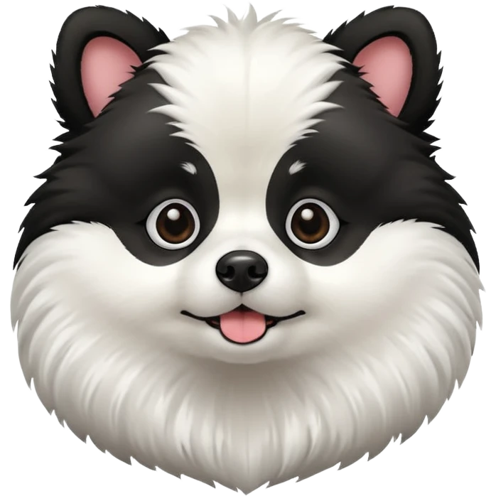Dog pomeranian but hes like a panda the color and everything he has all black face but in the middle and nose part is white emoji
