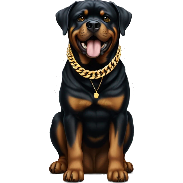 A Rottweiler with a gold chain that says “Biggie” and gold grillz  emoji