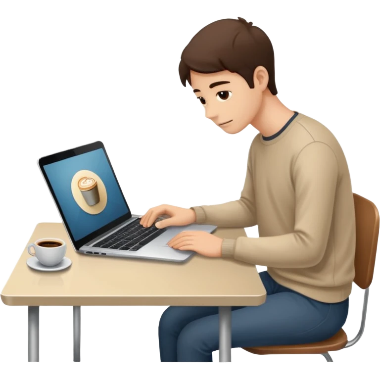 Laptop on the beige table, coffee and notebook emoji
