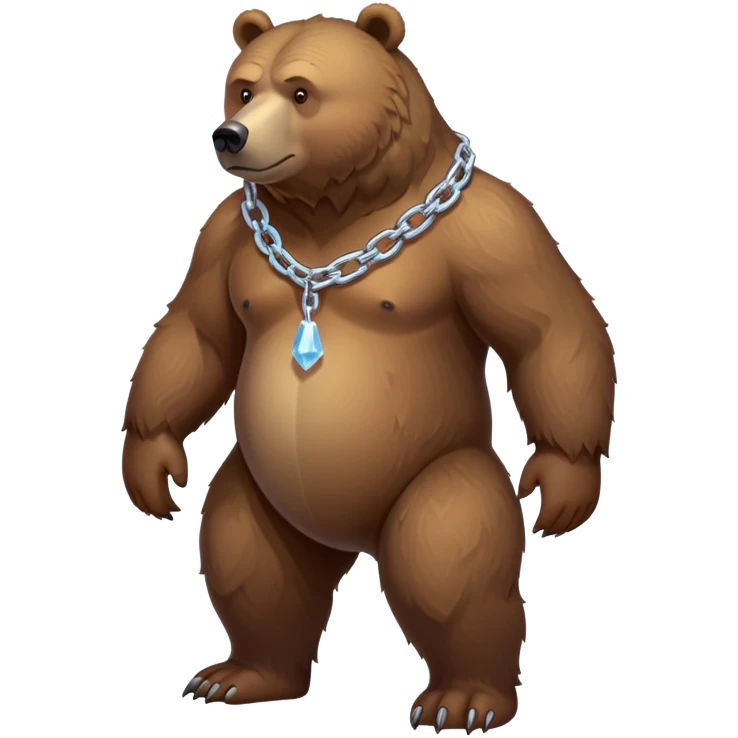 Full-body realistic brown bear on all four legs shown from head to tail, serious expression, complete view of the entire bear with simple ice chain around neck emoji