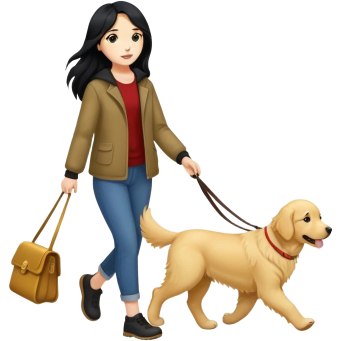 Long black hair - girl walking with a golden retriever emoji