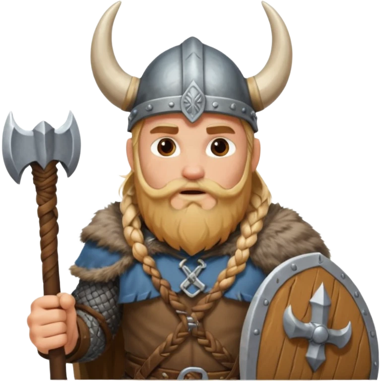 A tall Viking with braided blond beard, fur cloak, and heavy axe resting on his shoulder with horned helmet emoji