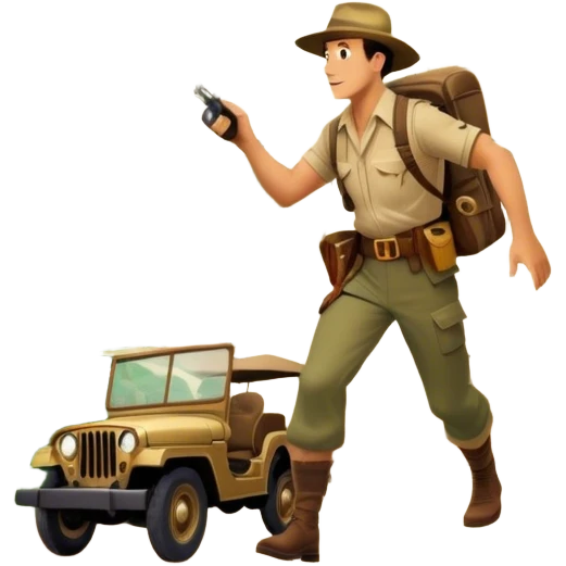 A vintage movie poster-style collage. Include action-packed elements like a treasure map, jungle scenes, a rugged explorer with a compass and a speeding jeep. Add a shadowy figure resembling close-up Mark Wahlberg in adventurous gear. Dramatic lighting, dynamic composition. Transparent background. emoji