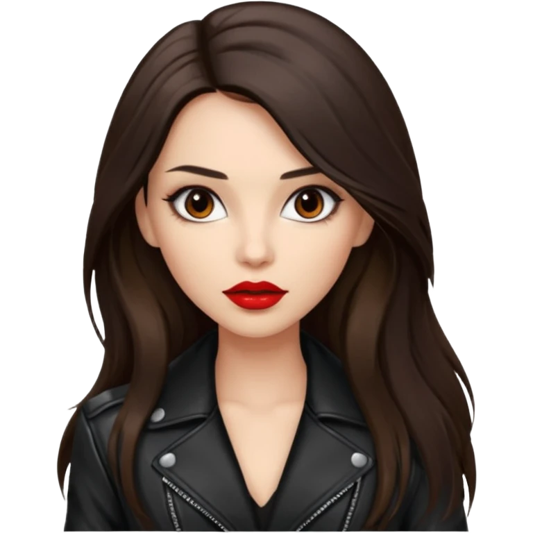 brunette with very long hair in black cuir jacket with red lips and very dark brown eyes emoji
