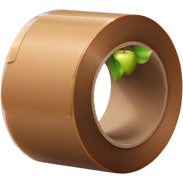 wide roll of brown packing tape with glossy semi-transparent surface and thick cardboard core, one end slightly peeled back, angled for depth, no box or dispenser, apple emoji style, soft lighting, subtle shadows, emoji scale emoji