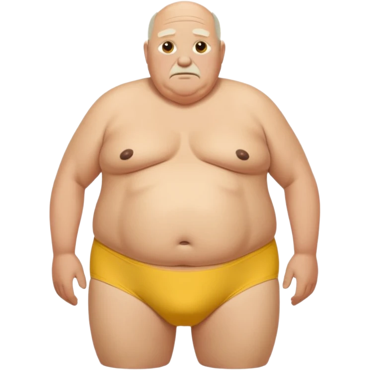 Short bald Old man thick hairy chest completely fat man with saggy boobs no shirt big belly tidy white stretched out elastic  and holes ina yellow in front of his underwear falling down off his hips showing his butt crack no pants   emoji