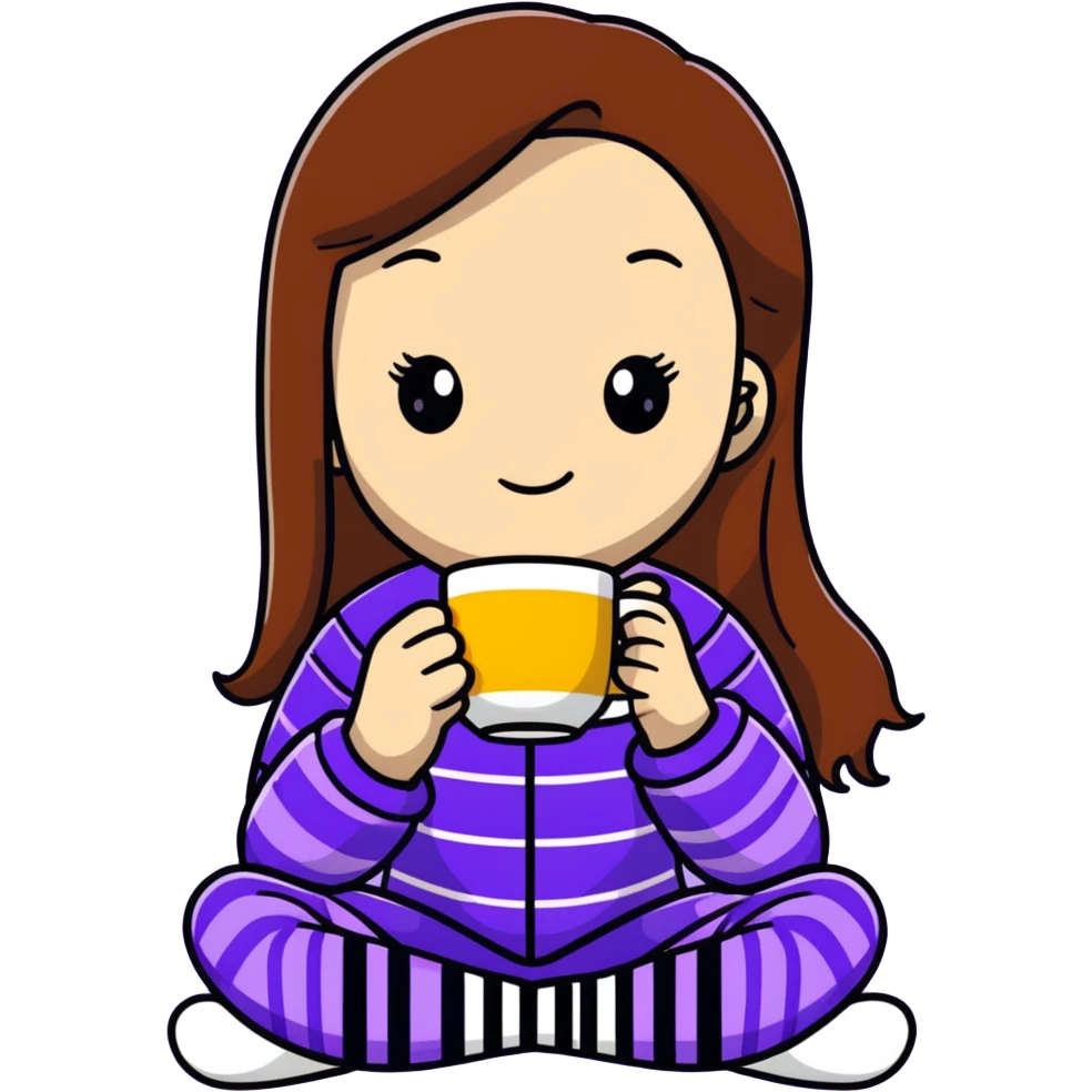 girl with long brown hair sipping coffee in purple striped pajamas emoji