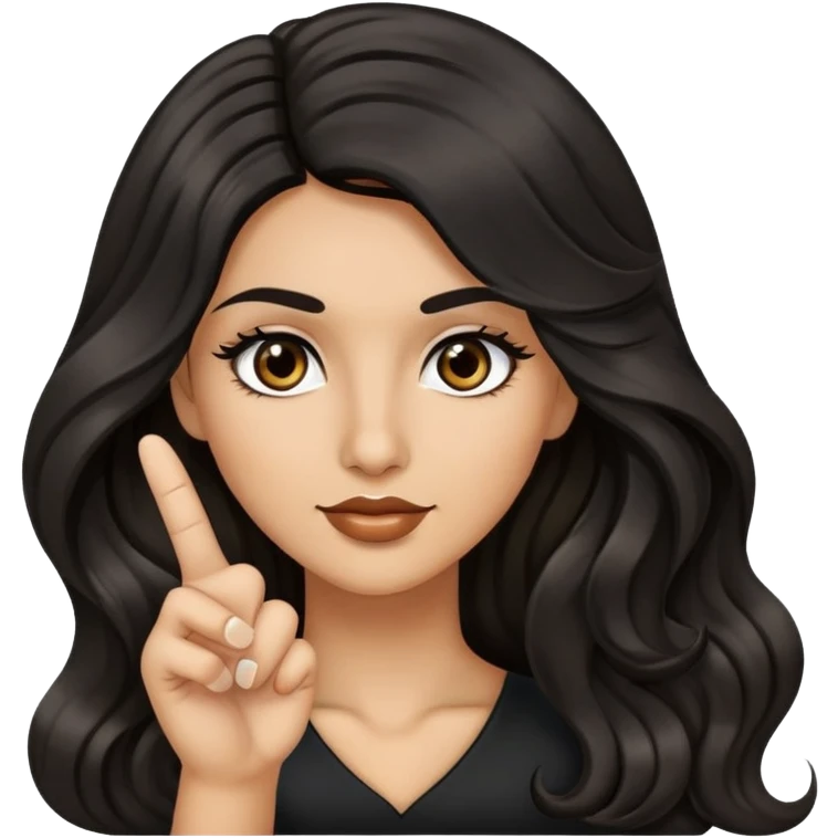 woman with olive skin, brown eyes and long lashes, and long black wavy hair giving the finger  emoji