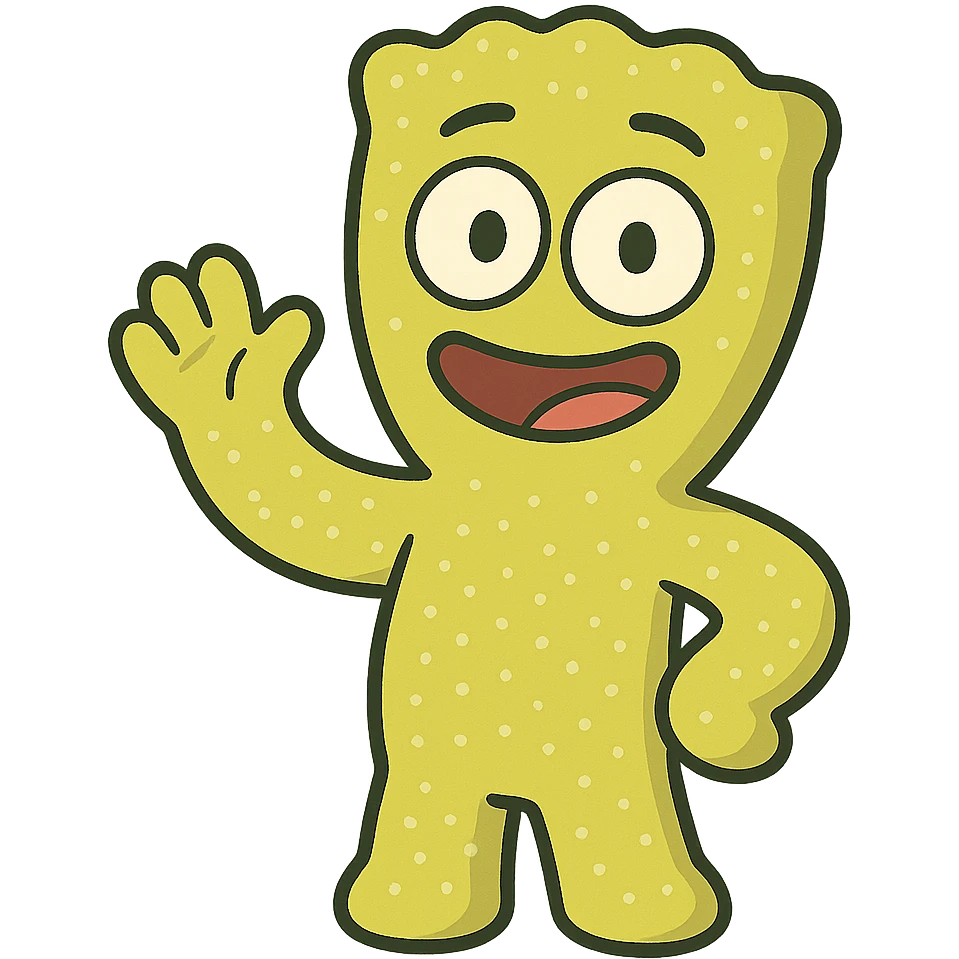 a sour patch kid character waving, cartoon style, bright colors, cheerful emoji