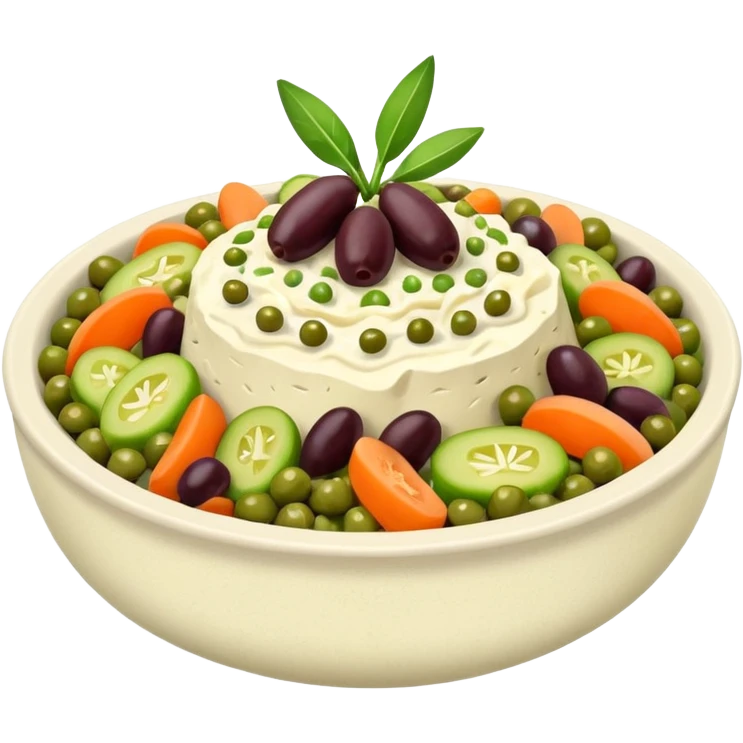 Salată de boeuf: a Romanian festive salad made with finely chopped boiled vegetables, pickles, peas, and beef or chicken, all mixed with mayonnaise and decorated with olives and pickles. emoji