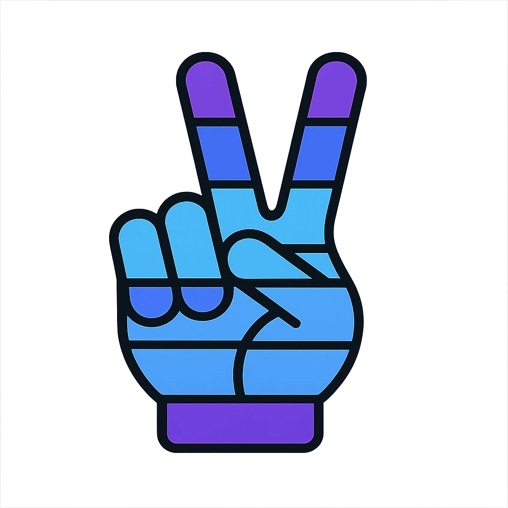 Increase blue and purple colors in the rainbow theme of the hand peace sign, keep the color outline style, no background. emoji