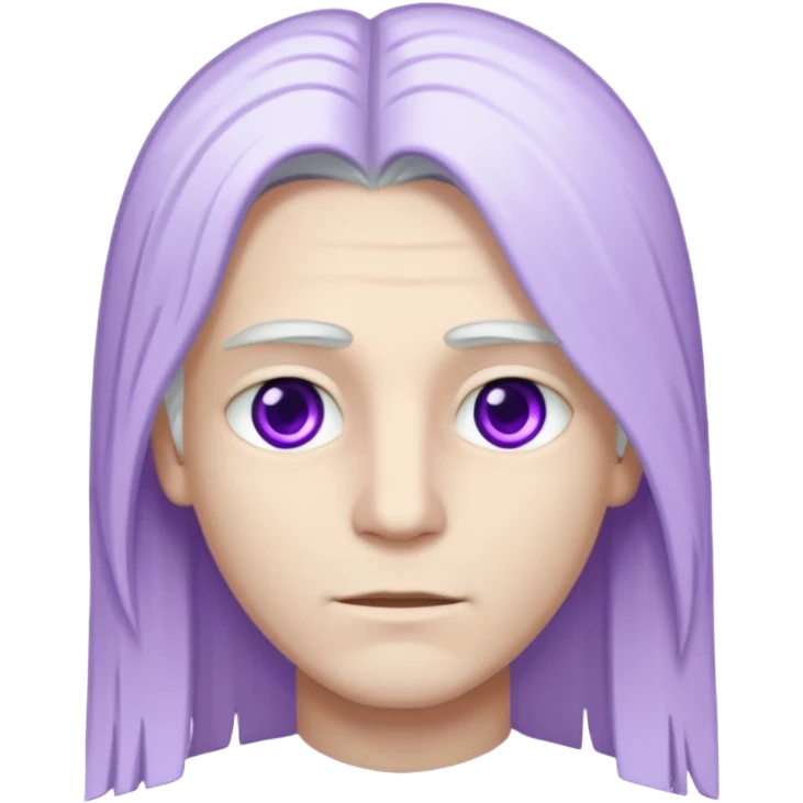 Beyaz uzun ve düz saçları olan,mor göz rengi olan, bembeyaz tenli bir erkek,genç emoji